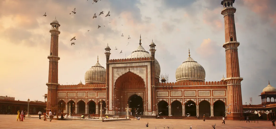 Jama Masjid in Agra, India’s largest mosque with three domes, two minarets, and a courtyard for 25,000 worshippers.