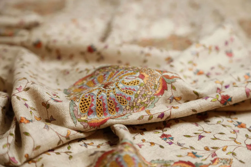 Handwoven Kashmiri pashmina shawls at Delhi’s Dilli Haat - artisan demonstrating embroidery.