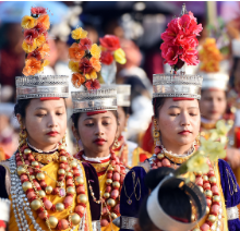 Khasi women in traditional 'jainsem' dresses performing Shad Suk Mynsiem dance at Weiking Ground, Shillong - Meghalaya's harvest thanksgiving festival.