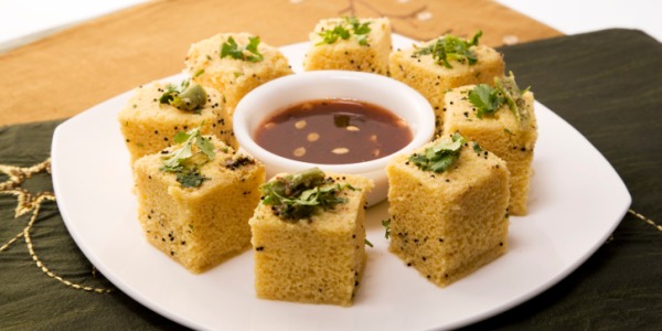 A plate of soft, spongy Dhokla from Gujarat.