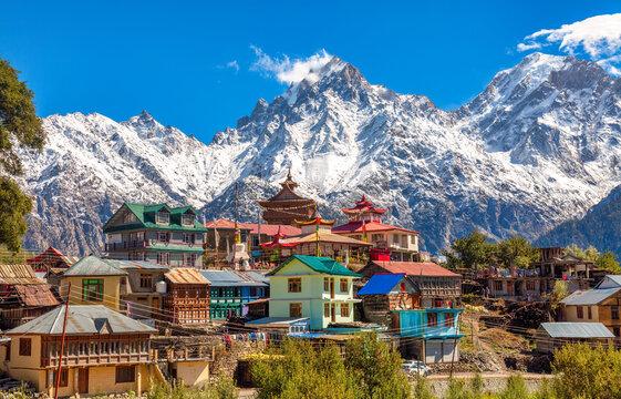 View of Kinner Kailash peaks from apple orchards in Kalpa village, Himachal Pradesh