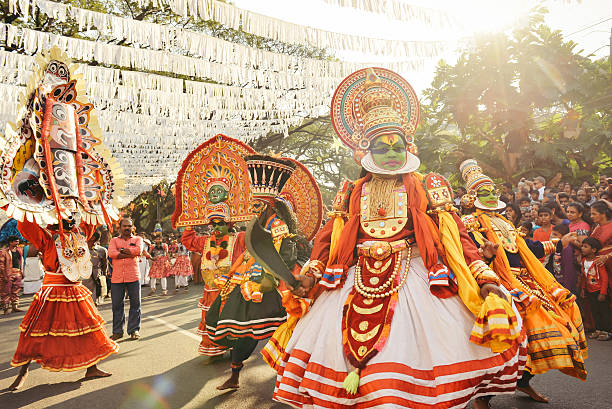 Vibrant Kathakali artist in elaborate costume and expressive makeup performing a traditional dance-drama in Kochi, Kerala.