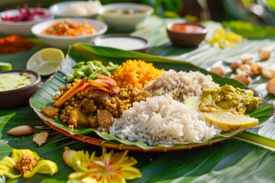 Traditional feast served on banana leaf in Munnar.