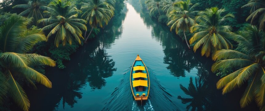 Scenic sunset over Vembanad Lake, the longest lake in India, with houseboats in backwaters.