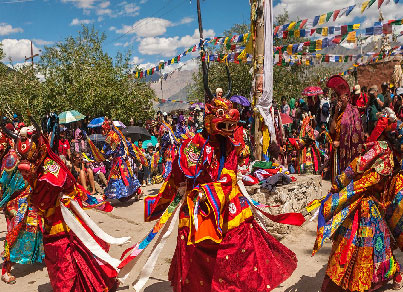 Monks performing rituals during Losar, the Tibetan New Year celebration in Himachal Pradesh