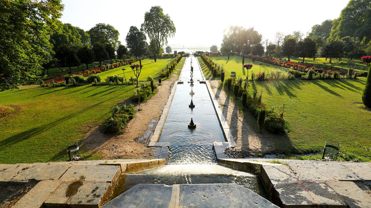 Flower beds and fountains at Nishat Bagh, a famous garden in Jammu & Kashmir.