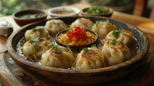 Steamed dumplings filled with meat or vegetables, served with spicy chutney.