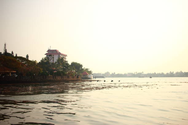 Aerial view of Willingdon Island in Kochi, a bustling port and commercial hub surrounded by backwaters.