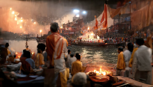 Devotees at dusk Ganga Aarti by the riverbank.