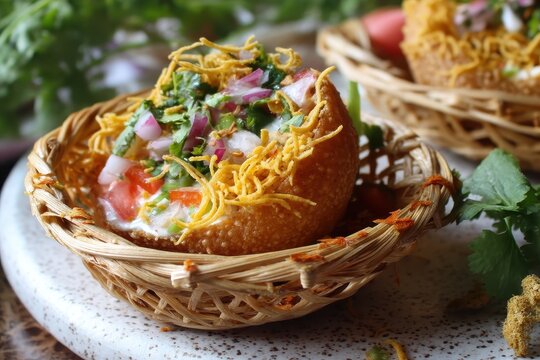 Savory basket chaat topped with chutneys.