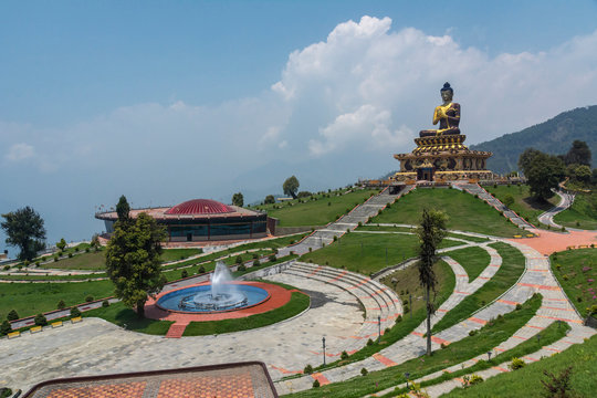 Buddha Park in Ravangla, Sikkim featuring a towering 130-foot statue of Lord Buddha with panoramic Himalayan views.