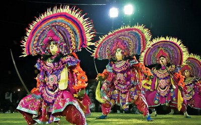 Chhau dance performers in Bihar with vibrant masks