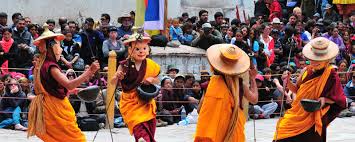 Villagers in Ladakh singing Chhoskar songs while walking in a ceremonial procession.