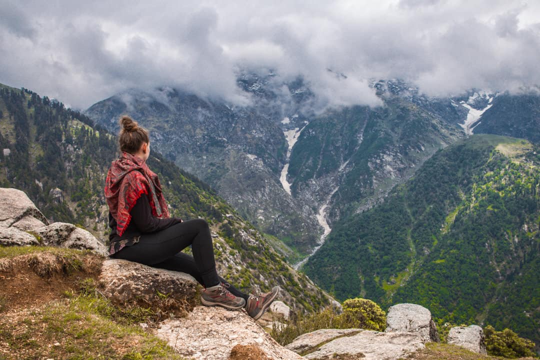 Trekking trail to scenic Triund with views of Dhauladhar in Himachal Pradesh