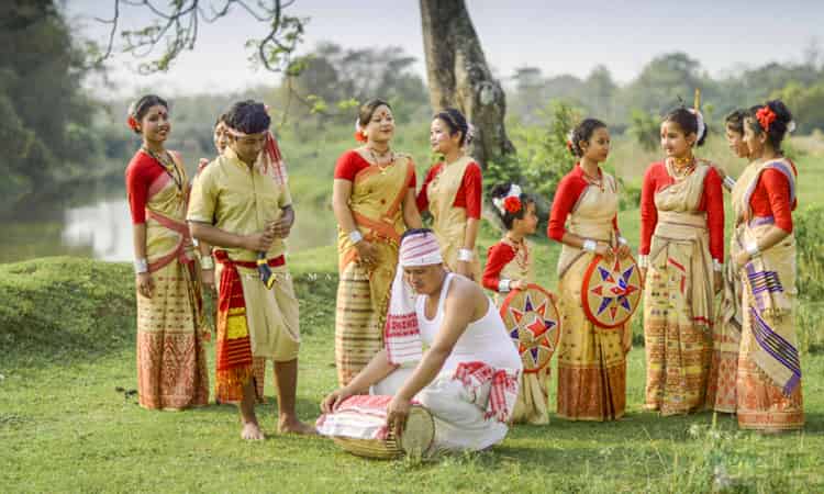 Traditional Bihu folk dance of Assam in festive attire