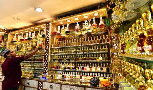 Traditional floral perfumes sold in old-city markets.