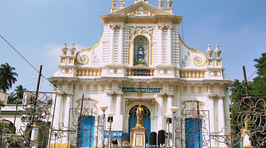 White twin-spired church in Puducherry