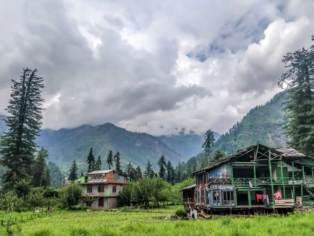 Terraced fields and old homes in Kalathu near Manali, Himachal Pradesh