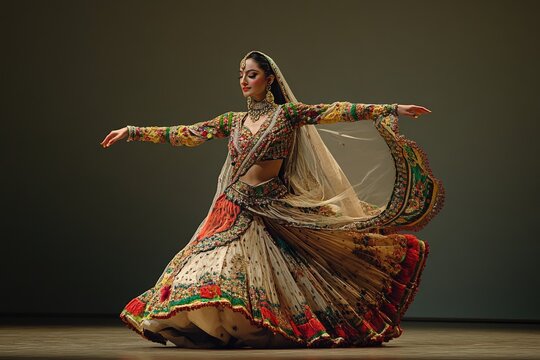 Graceful Kathak dancer in swirling attire with rhythmic footwork.