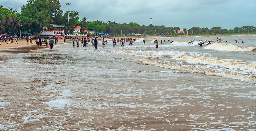 View of the crescent-shaped Nagoa Beach in Daman and Diu with swaying palm trees.