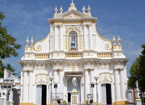 Gothic-style Roman Catholic church in Puducherry with stunning stained-glass windows.