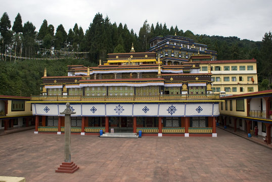 Golden stupas and prayer flags adorn Rumtek Monastery in Sikkim.