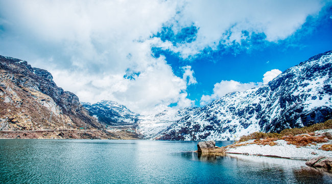 Tsomgo Lake, a stunning high-altitude glacial lake and top place to visit in Sikkim, surrounded by snow peaks.