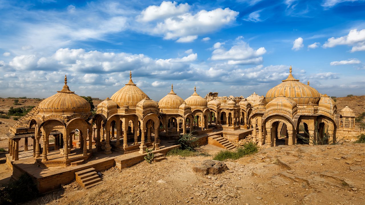 Royal cenotaphs of Bada Bagh set against a desert backdrop