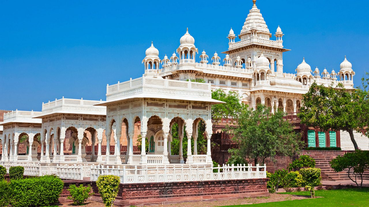 Peaceful white marble Jaswant Thada cenotaph in Jodhpur.