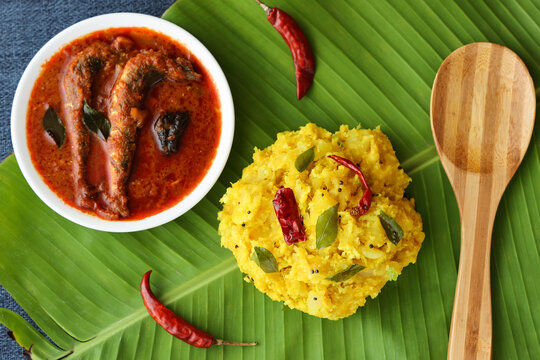 Kappa (tapioca) served with spicy Meen (fish) Curry, a local favorite.