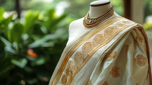 Elegant Kasavu saree with golden borders, Kerala’s traditional attire.