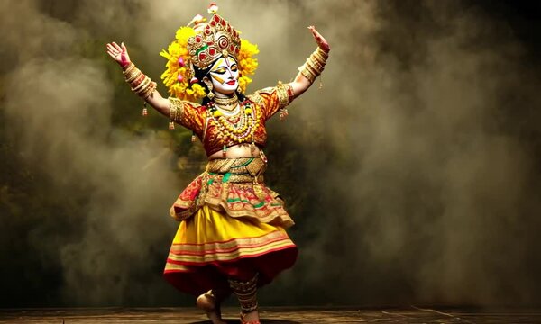 Kathakali performer in colorful costume and elaborate makeup