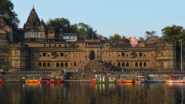 Maheshwar ghats with boats on Narmada river
