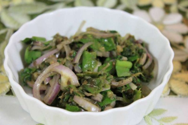 A dish with vegetables and fish consumed by Imphal community.