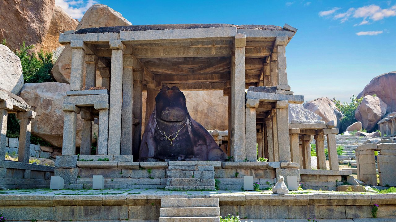 Giant Nandi statue in front of Virupaksha Temple