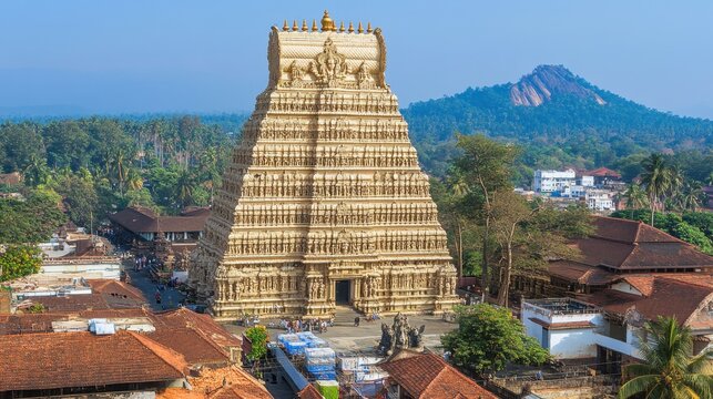 Trivandrum: Golden spires of the iconic Padmanabhaswamy Temple, dedicated to Lord Vishnu.