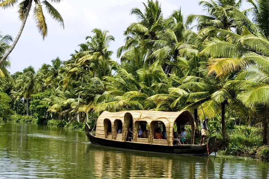 Trivandrum showcases the serene backwaters of Kerala with traditional houseboats gliding through palm-lined canals.