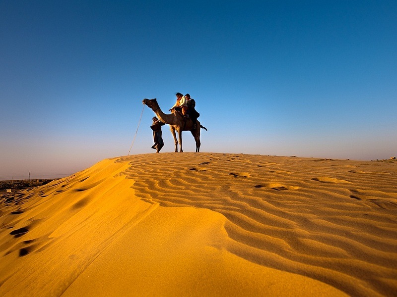 Tourists enjoying camel rides at Sam Sand Dunes near Jaisalmer