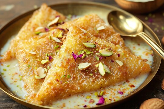 Rich Bhopali Shahi Tukda, a bread pudding dessert soaked in saffron-infused milk.