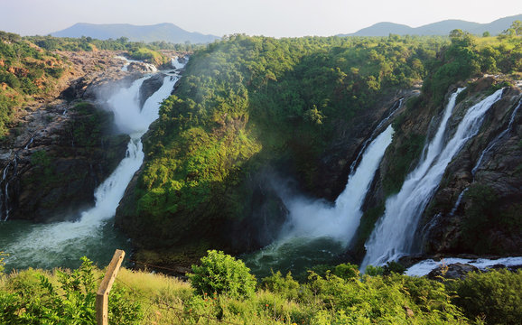 A majestic twin waterfall on the Kaveri River.