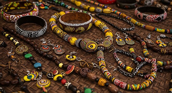 Intricate tribal jewelry featuring beads and silver ornaments.