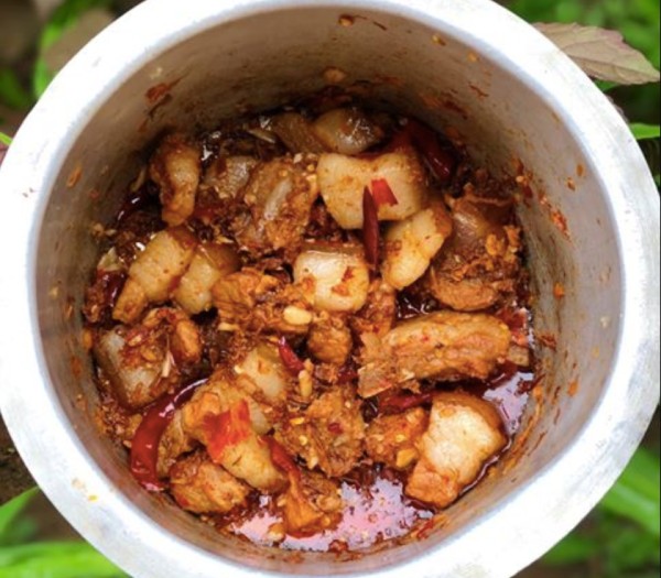 A dish of Kohima made with pork and bamboo shoot.