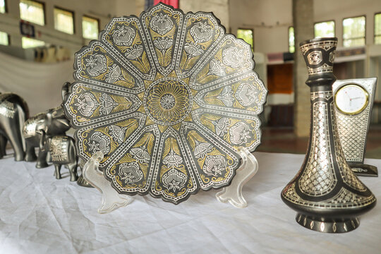 Exquisite Bidriware metalwork, featuring silver inlay on blackened alloy.