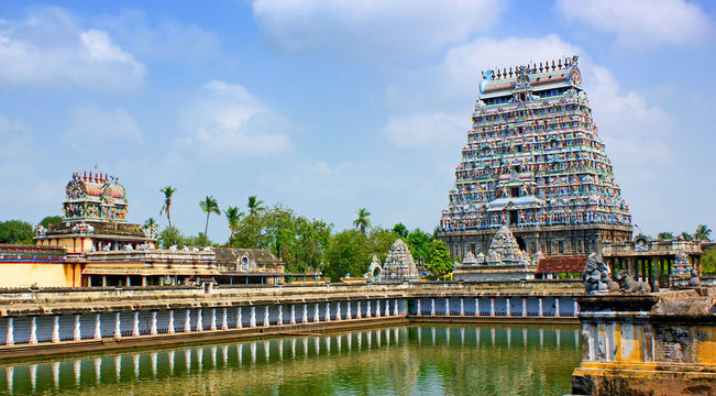 Historic Nataraja Temple in Chidambaram, famed for its golden-roofed sanctum and sacred depiction of Lord Shiva as the cosmic dancer.