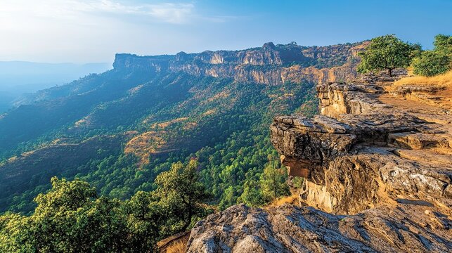 A scenic landscape view of the lush green valleys and waterfalls in Pachmarhi hill station.