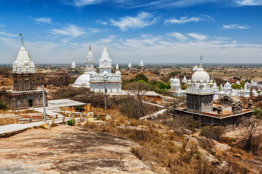 Hundreds of gleaming white Jain temples dotting the sacred hill of Sonagiri.