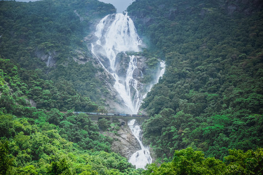 A wide, powerful multi-tiered cascade known as West India's Famous Waterfalls, plunging down a lush green cliffside in the Western Ghats.