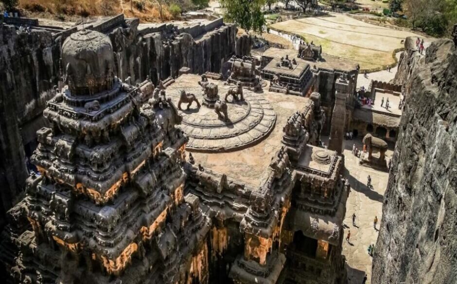The monolithic rock-cut Kailasa Temple at Ellora is one of West India's Famous Archaeological Marvels.