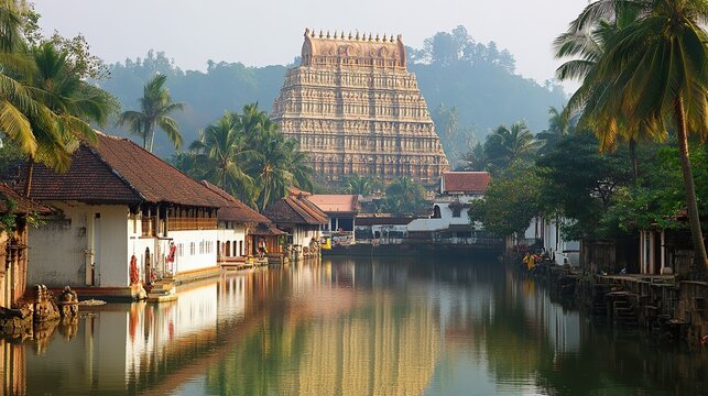 The iconic seven-tiered gopuram of the Sree Padmanabhaswamy Temple in Thiruvananthapuram, known for its architectural beauty and heritage.