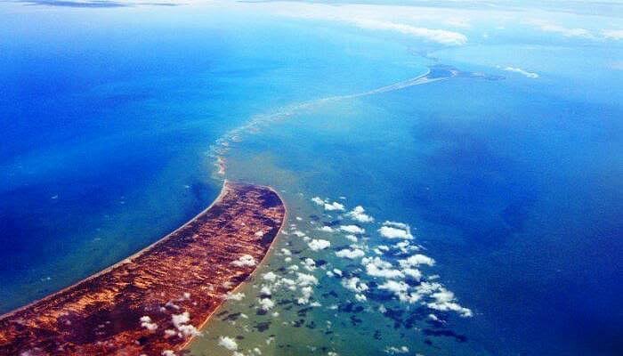 An aerial view of the chain of shoals and sandbanks known as Adam's Bridge.